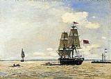 Ship Paintings - Norwegian Naval Ship Leaving the Port of Honfleur by Johan Barthold Jongkind